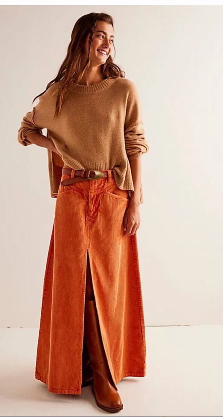 Free People We the Free Come As You Are Corduroy Orange Maxi Skirt 6
